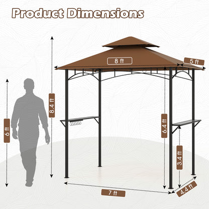 Outdoor Double-Tiered Grill Gazebo Canopy with 2 Shelves and 7 Hooks