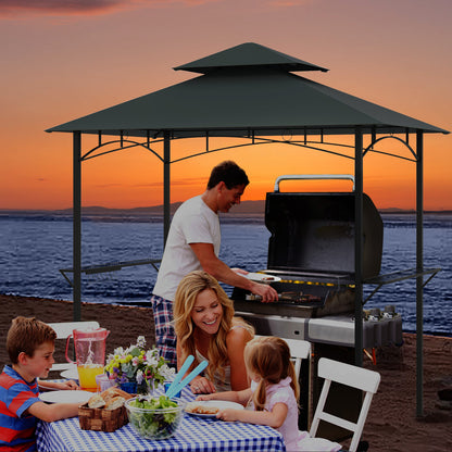 Outdoor Double-Tiered Grill Gazebo Canopy with 2 Shelves and 7 Hooks