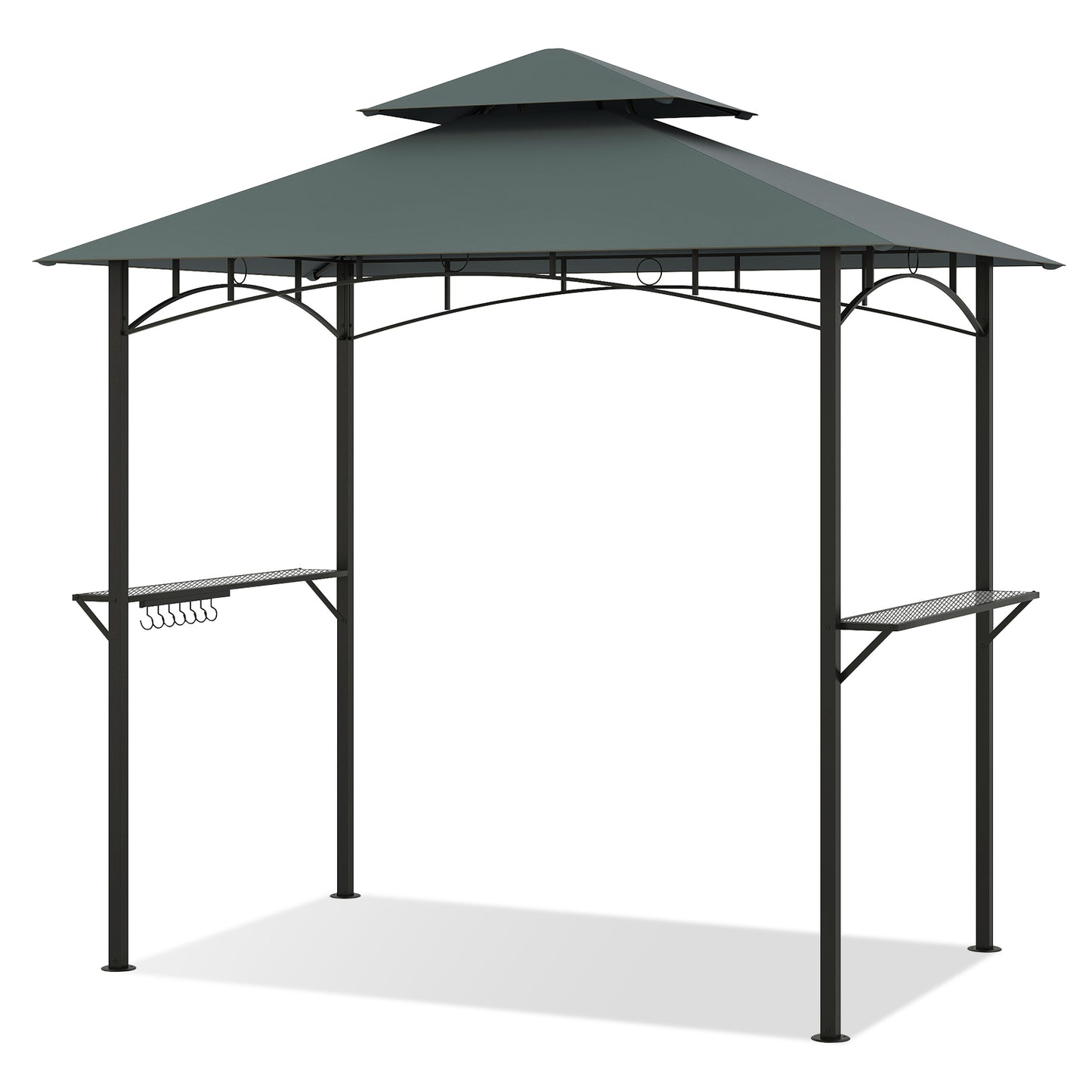 Outdoor Double-Tiered Grill Gazebo Canopy with 2 Shelves and 7 Hooks