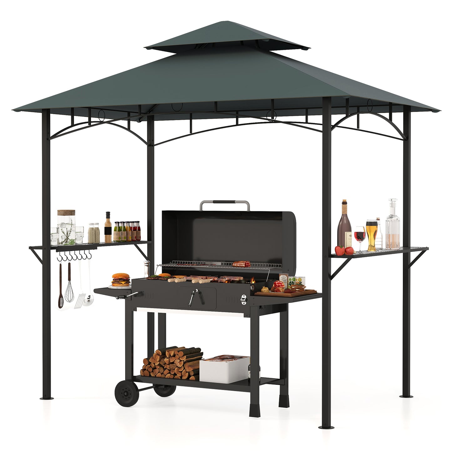 Outdoor Double-Tiered Grill Gazebo Canopy with 2 Shelves and 7 Hooks