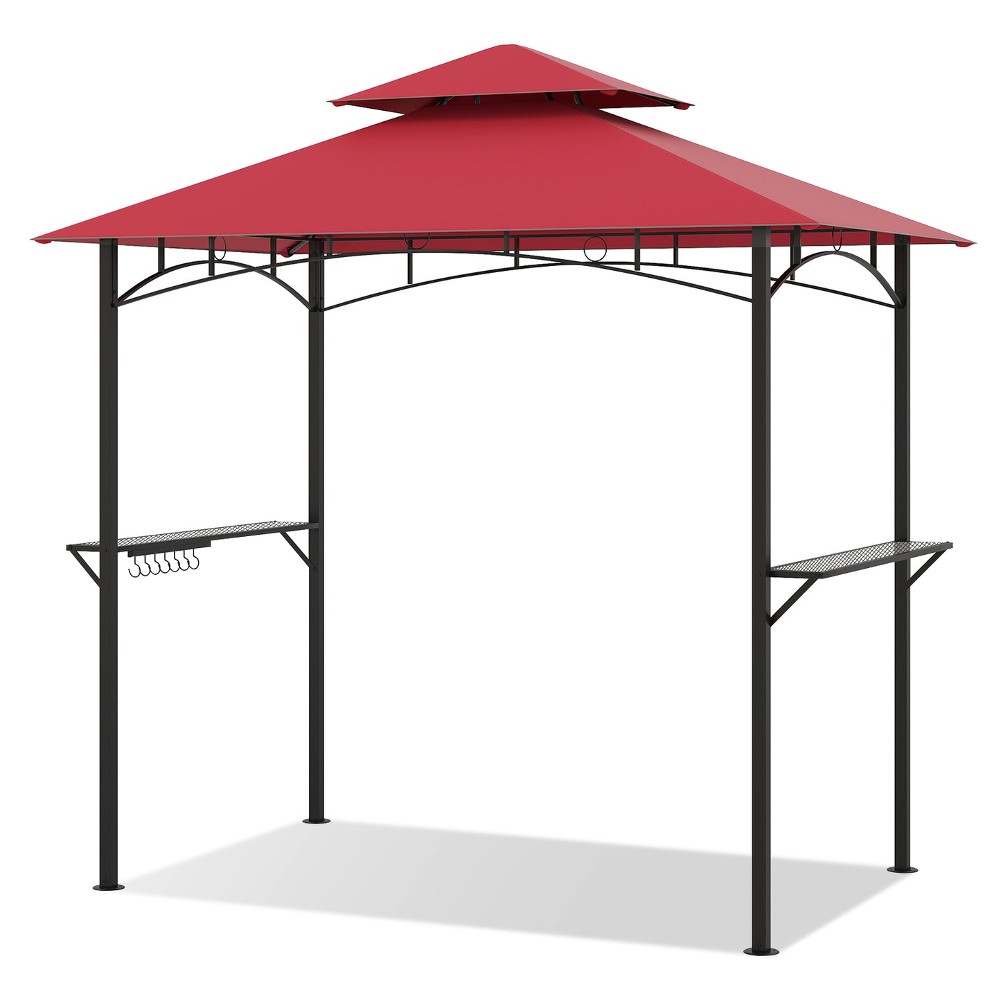 Outdoor Double-Tiered Grill Gazebo Canopy with 2 Shelves and 7 Hooks