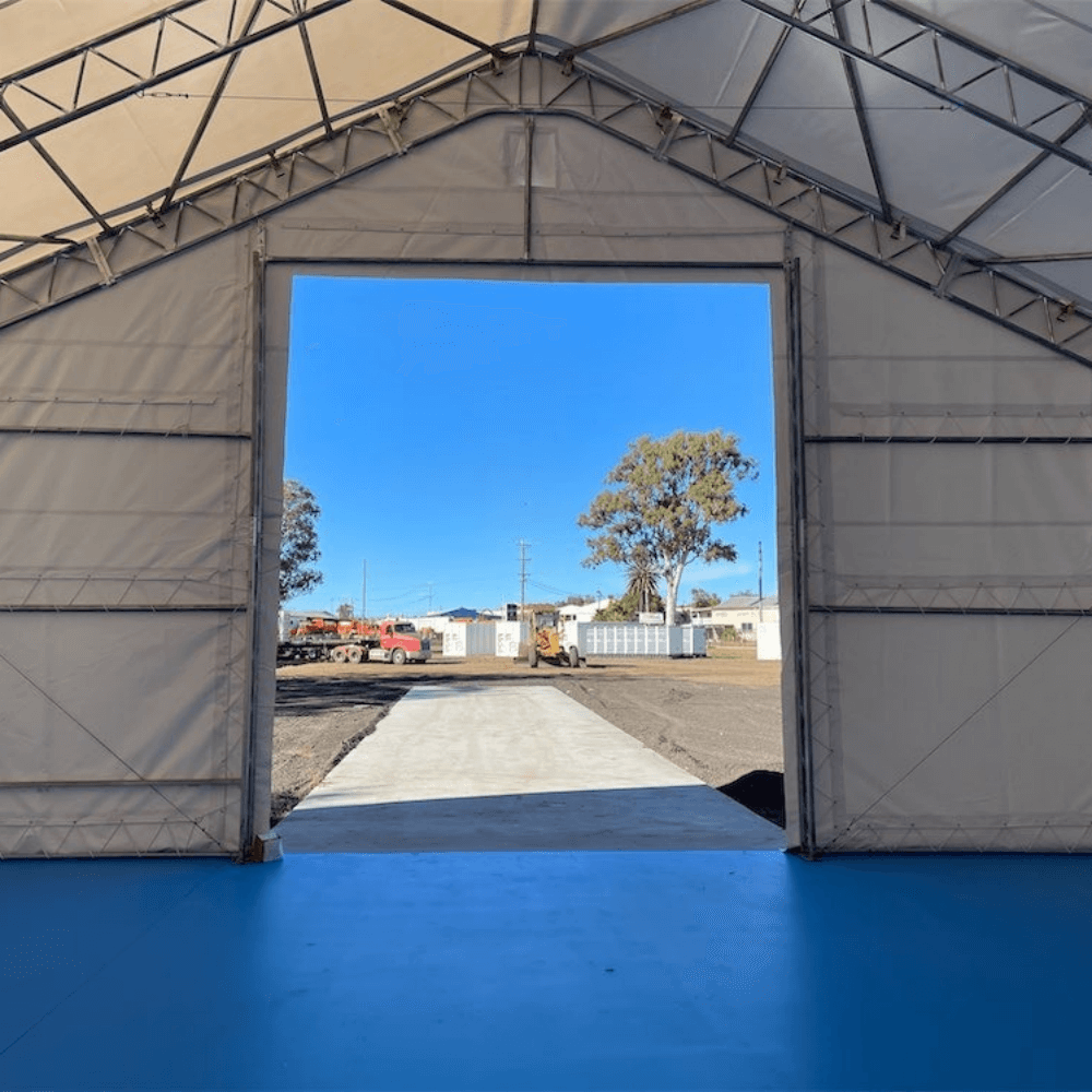 W 70FT x L 120FT x H 28FT Double Truss Storage Shelter