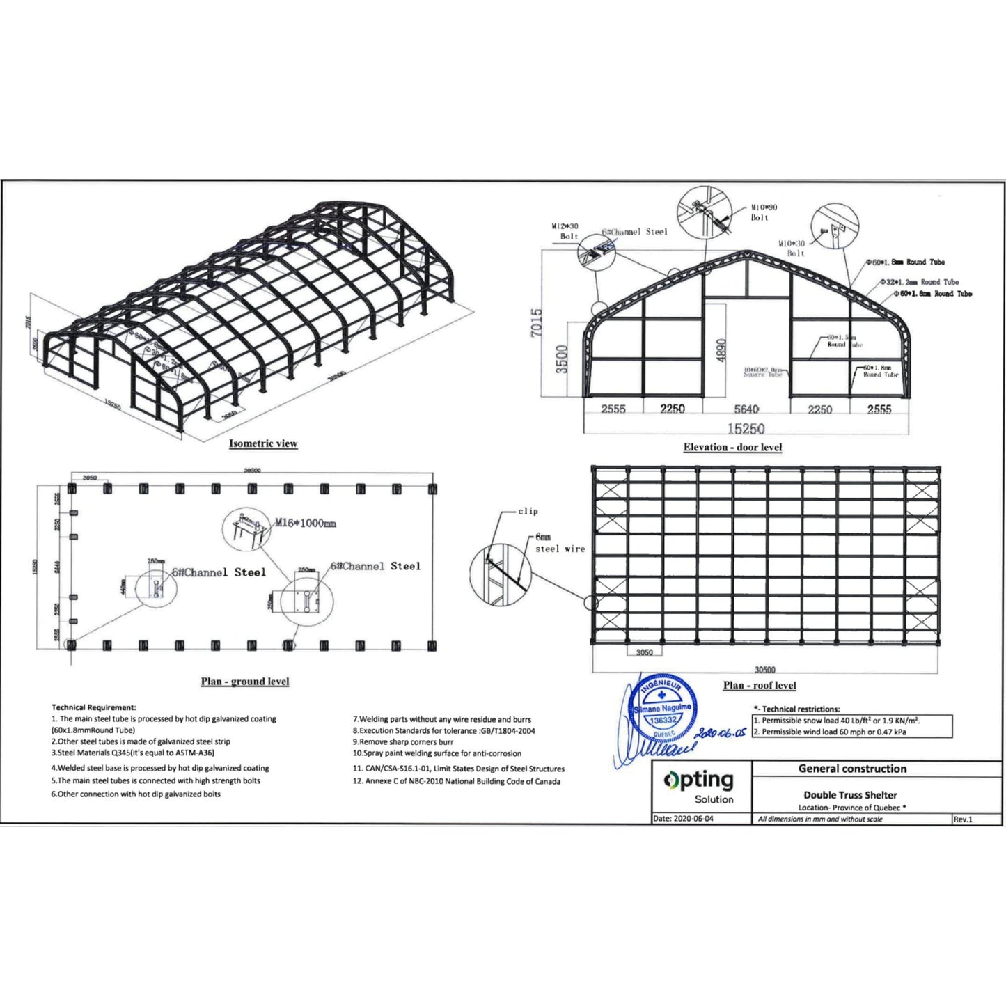 W 50FT x L 100FT x H 23FT Double Truss Storage Shelter