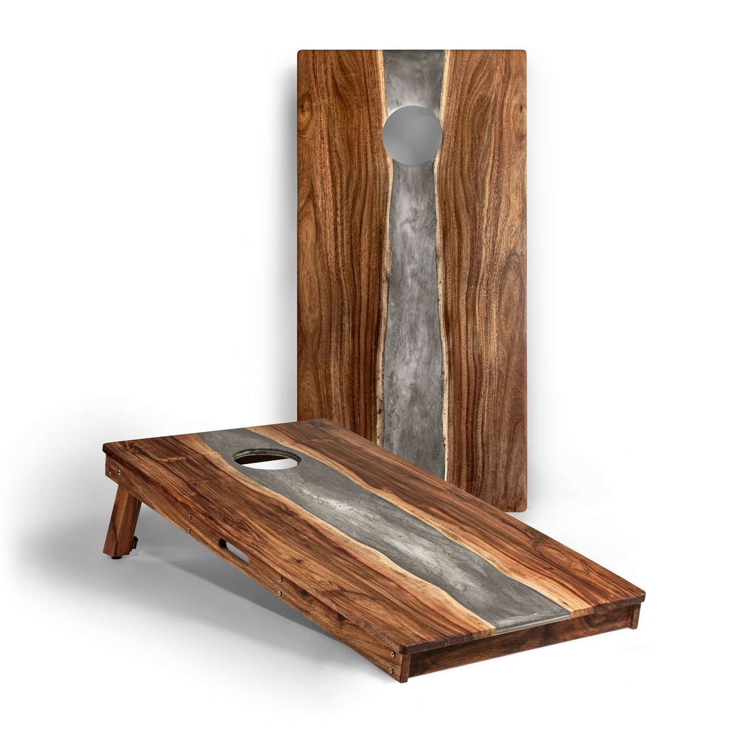 The River Epoxy Resin With Live Edge Acacia Pathfinder Art Cornhole Boards