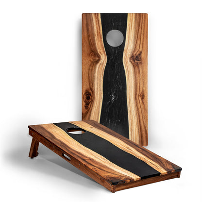 The River Epoxy Resin With Live Edge Acacia Pathfinder Art Cornhole Boards