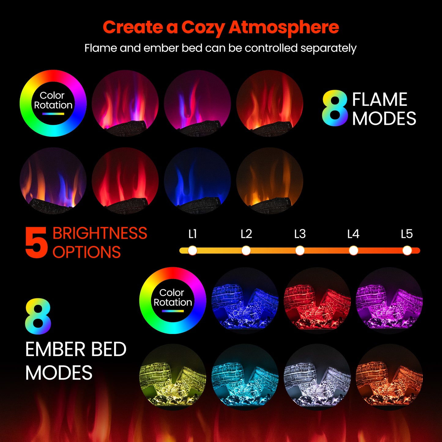 36" 3-Sided 1500W Electric Fireplace with 7-Color Flame