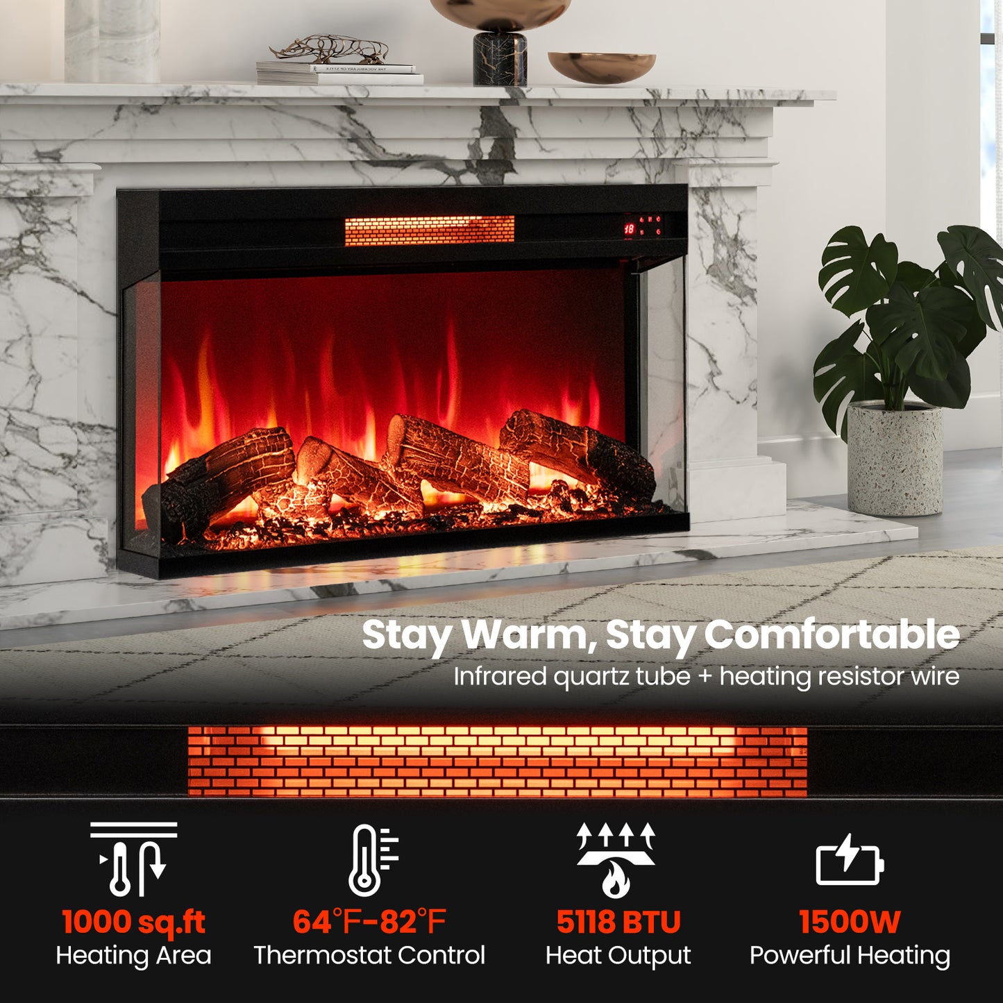 36" 3-Sided 1500W Electric Fireplace with 7-Color Flame
