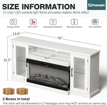 Pamapic 3-Sided Electric Fireplace TV Stand, Farmhouse Entertainment Center with 36" LED Fireplace & Glass Doors for Living Room