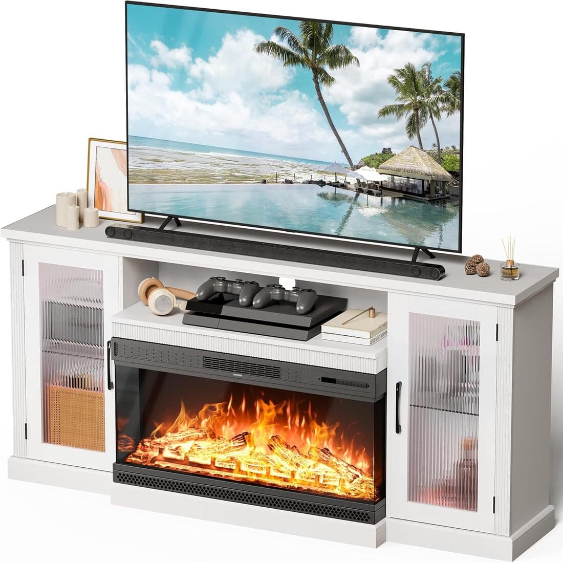 Pamapic 3-Sided Electric Fireplace TV Stand, Farmhouse Entertainment Center with 36" LED Fireplace & Glass Doors for Living Room