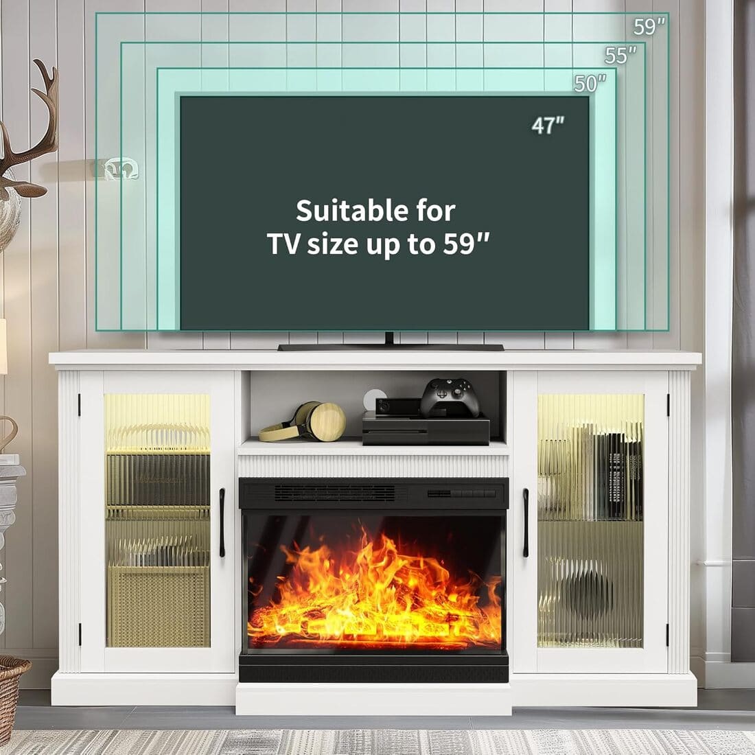 Pamapic 3-Sided Electric Fireplace TV Stand, Farmhouse Entertainment Center with 36" LED Fireplace & Glass Doors for Living Room