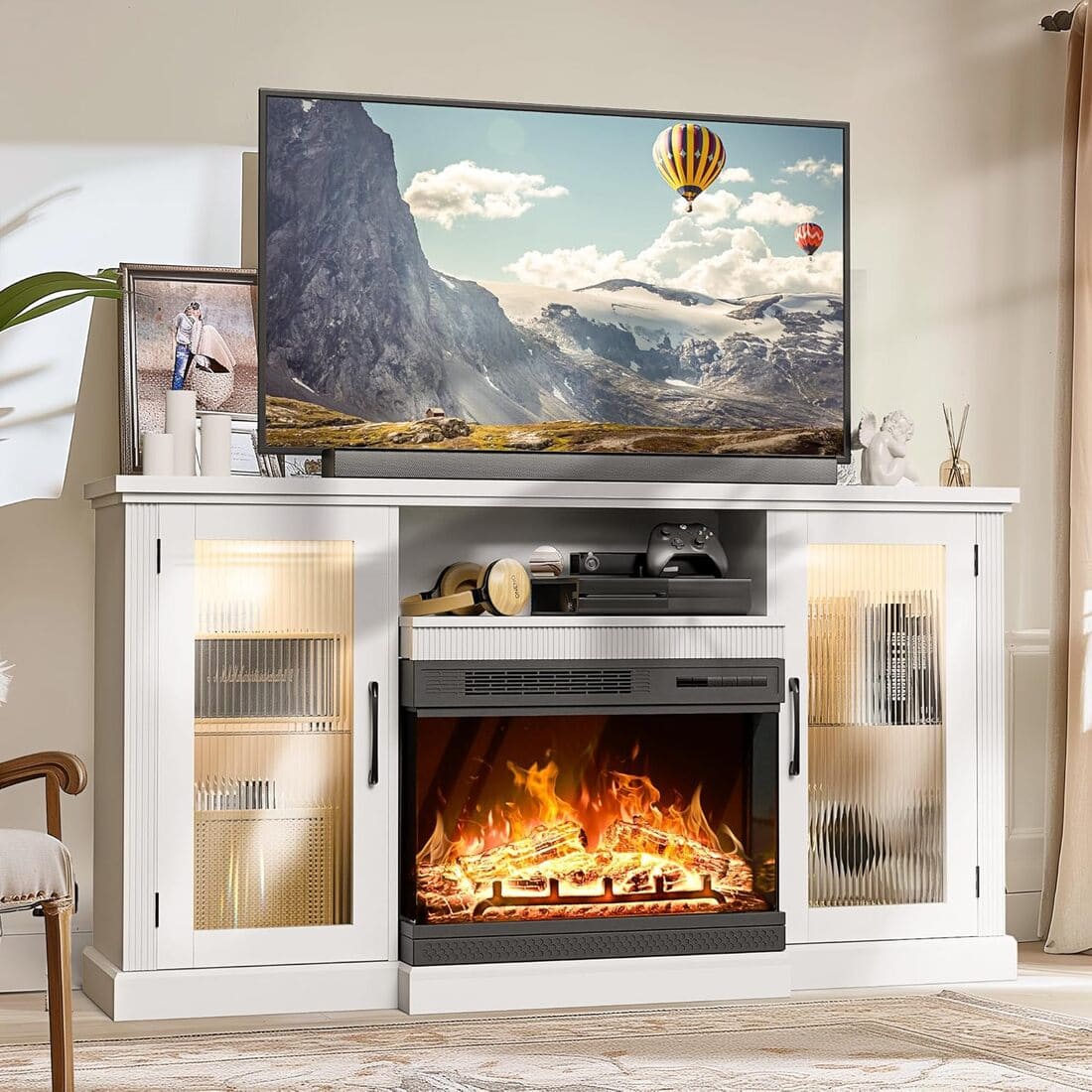 Pamapic 3-Sided Electric Fireplace TV Stand, Farmhouse Entertainment Center with 36" LED Fireplace & Glass Doors for Living Room