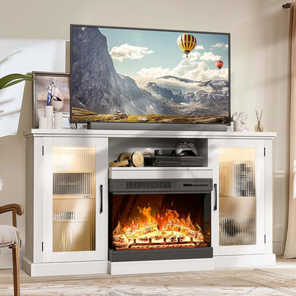 Pamapic 3-Sided Electric Fireplace TV Stand, Farmhouse Entertainment Center with 36" LED Fireplace & Glass Doors for Living Room