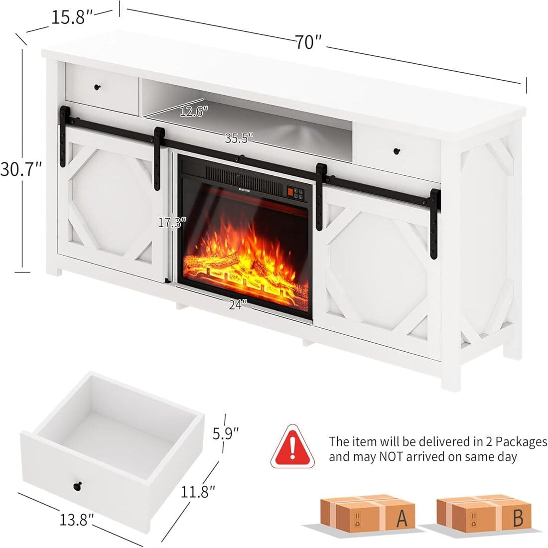 Pamapic 70" Farmhouse Fireplace TV Stand for Living Room, Entertainment Center with Cabinet and Shelves