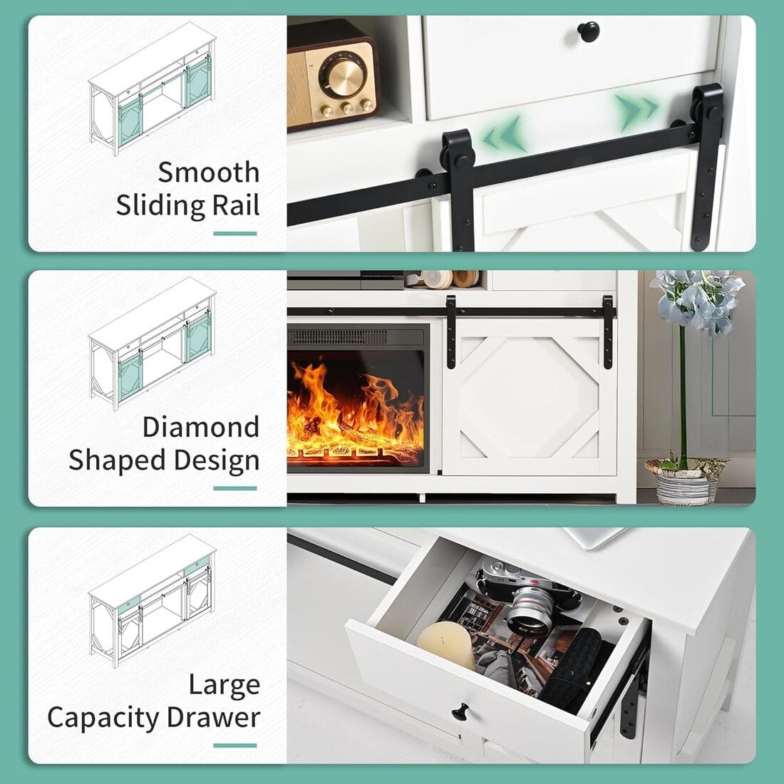 Pamapic 3-Sided Electric Fireplace TV Stand, Farmhouse Entertainment Center with 36" LED Fireplace & Glass Doors for Living Room
