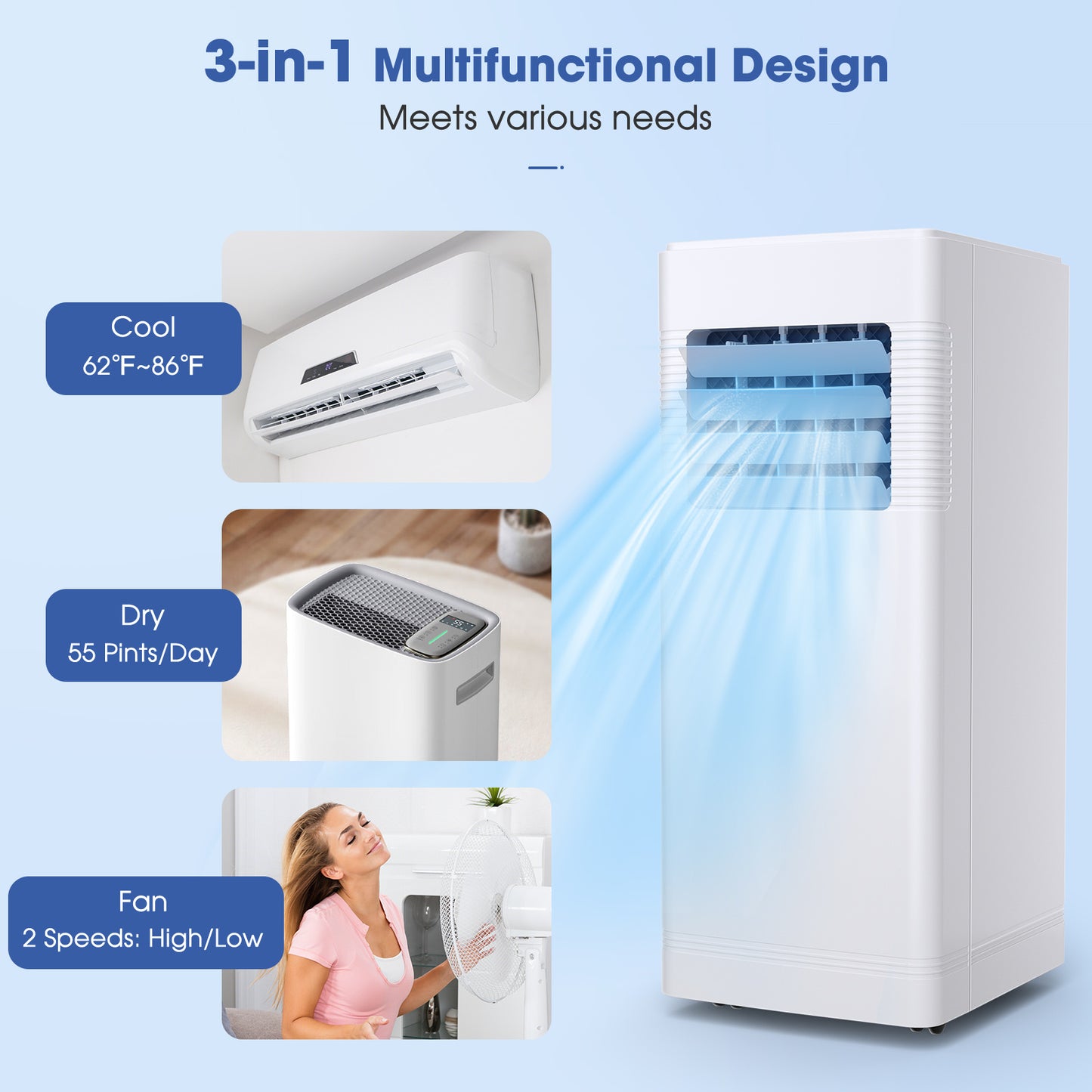 3-in-1 Portable Air Conditioner with Cooling Fan Dehumidifier Function 10000 BTU