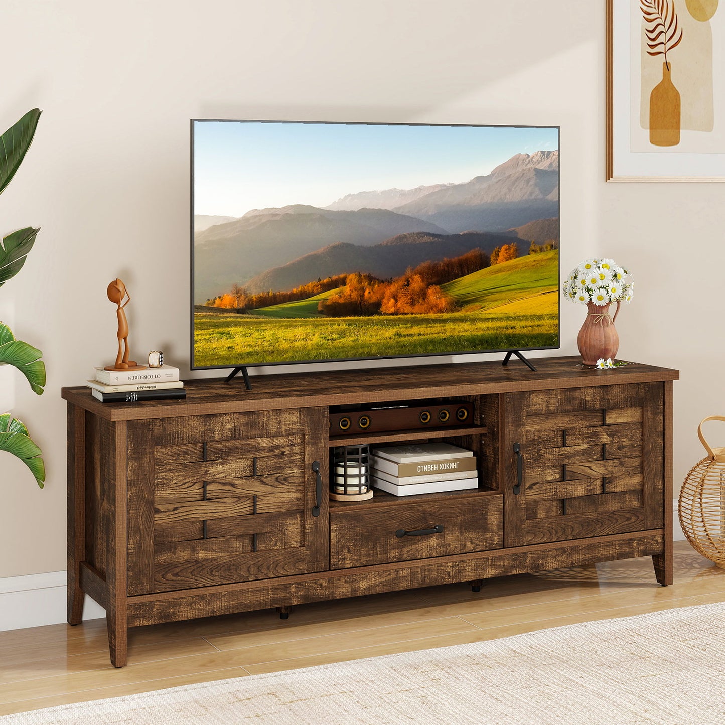 Farmhouse TV Stand for 65 Inch TVs with 2 Woven Accent Doors and 3 Adjustable Shelves
