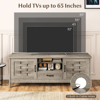 Farmhouse TV Stand for 65 Inch TVs with 2 Woven Accent Doors and 3 Adjustable Shelves