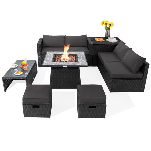 9 Pieces Outdoor Wicker Sectional with 35 Inch Gas Fire Pit Table - Gray