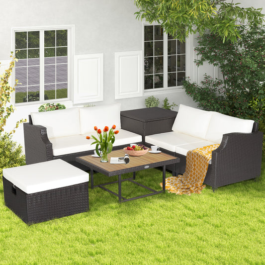 7 Pieces Hand-Woven Wicker Outdoor Furniture Set with Acacia Wood Coffee Table - White
