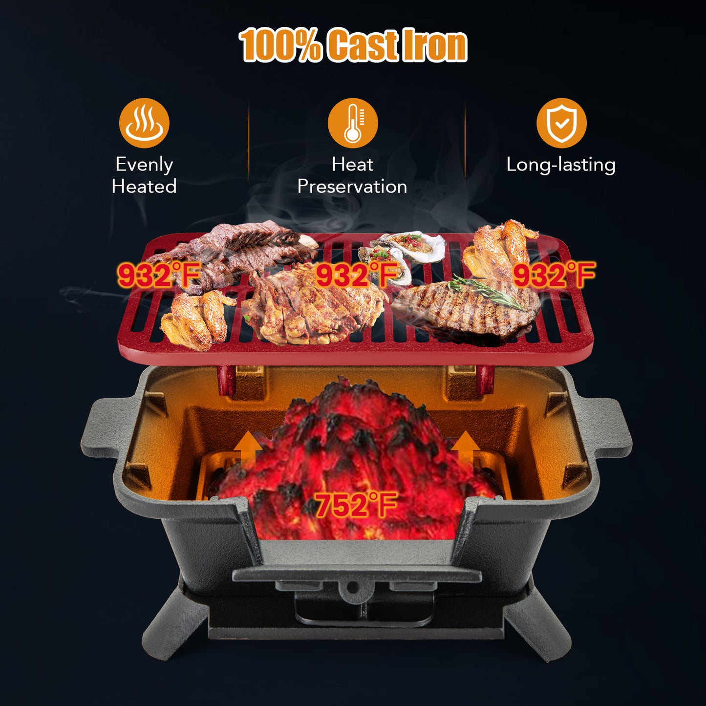 100% Cast Iron Hibachi Grill with Grill Grate Lifter