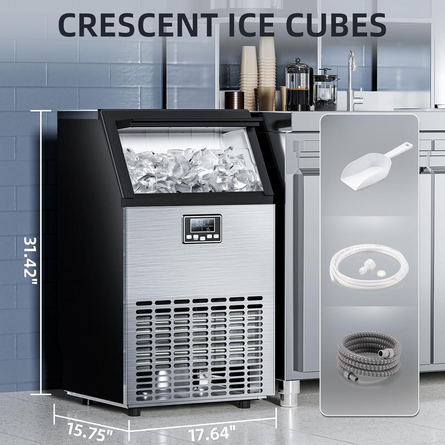 Commercial Ice Maker Machine 100lbs Moon-Shaped Ice Machine with Storage