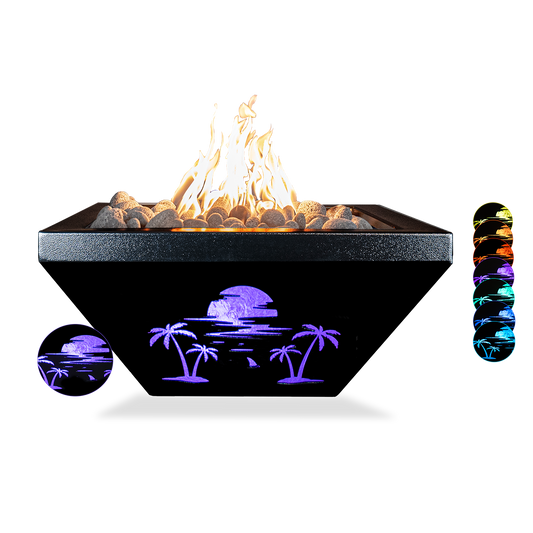Lighthouse Series - Miami Fire Bowl with LED Lights 36" - Powder Coated Metal - Match Lit