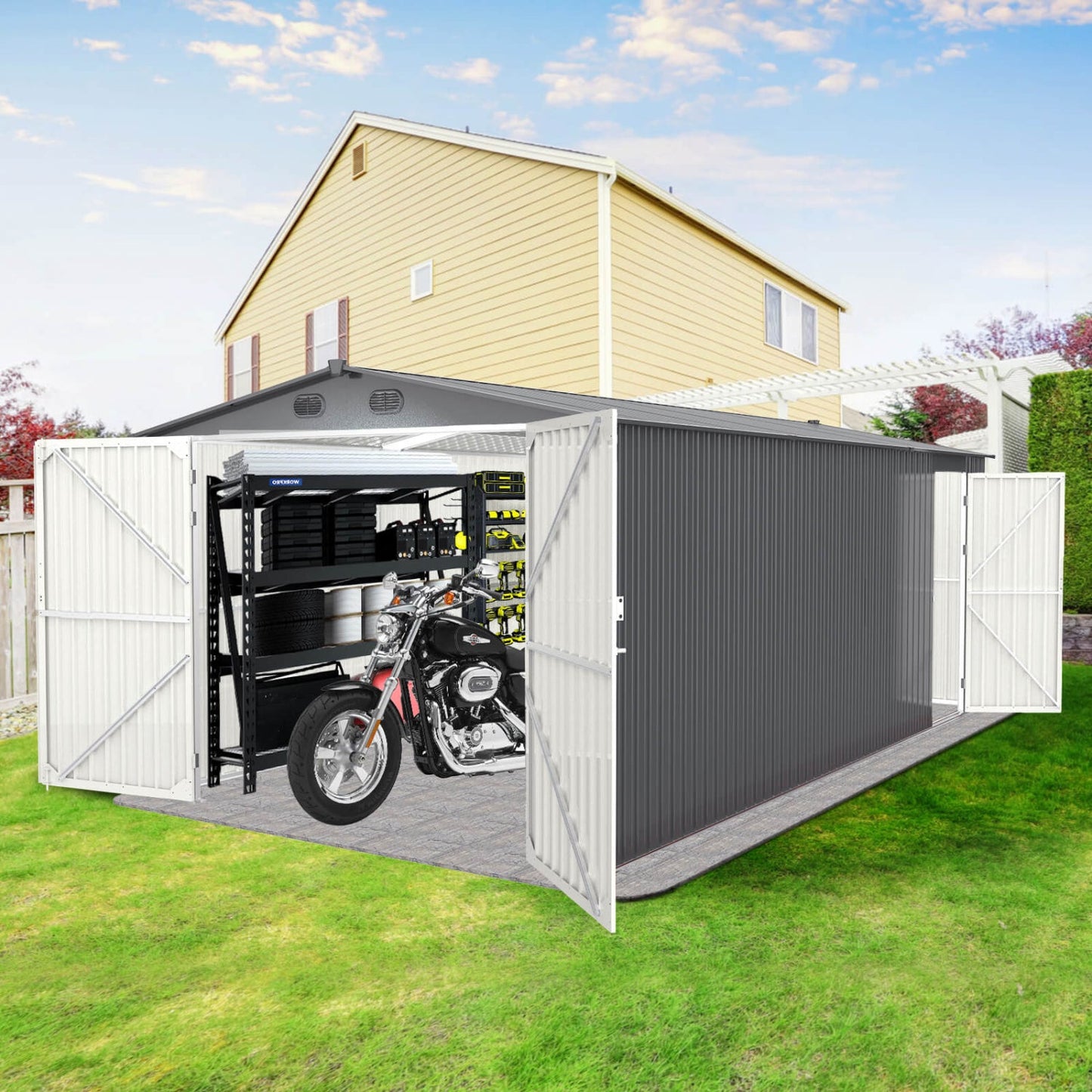 10FT  x 20FT Metal Shed with Double Front Doors & Side Entry Door