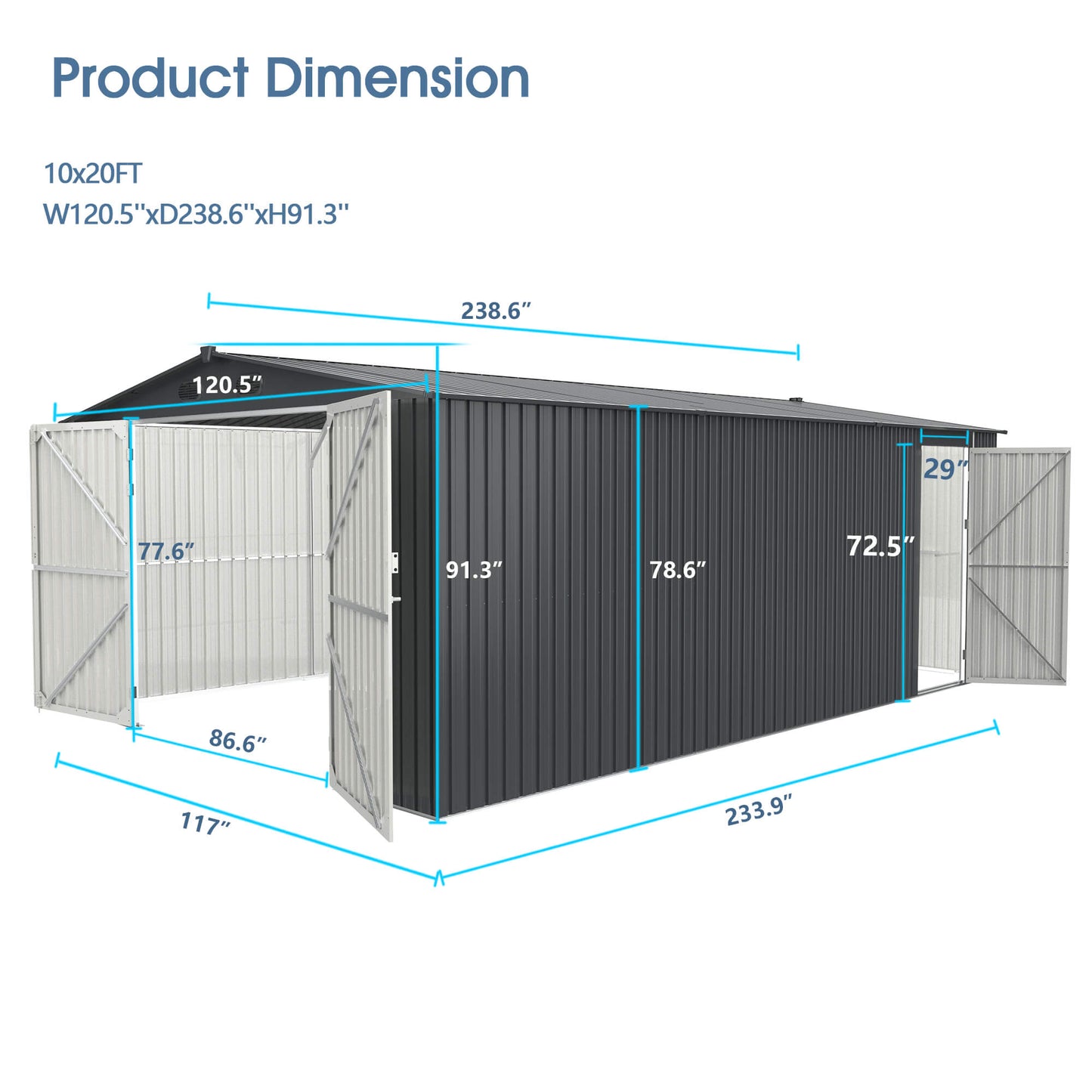 10FT  x 20FT Metal Shed with Double Front Doors & Side Entry Door