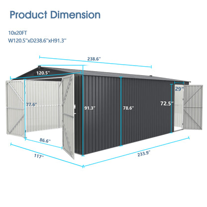 10FT  x 20FT Metal Shed with Double Front Doors & Side Entry Door