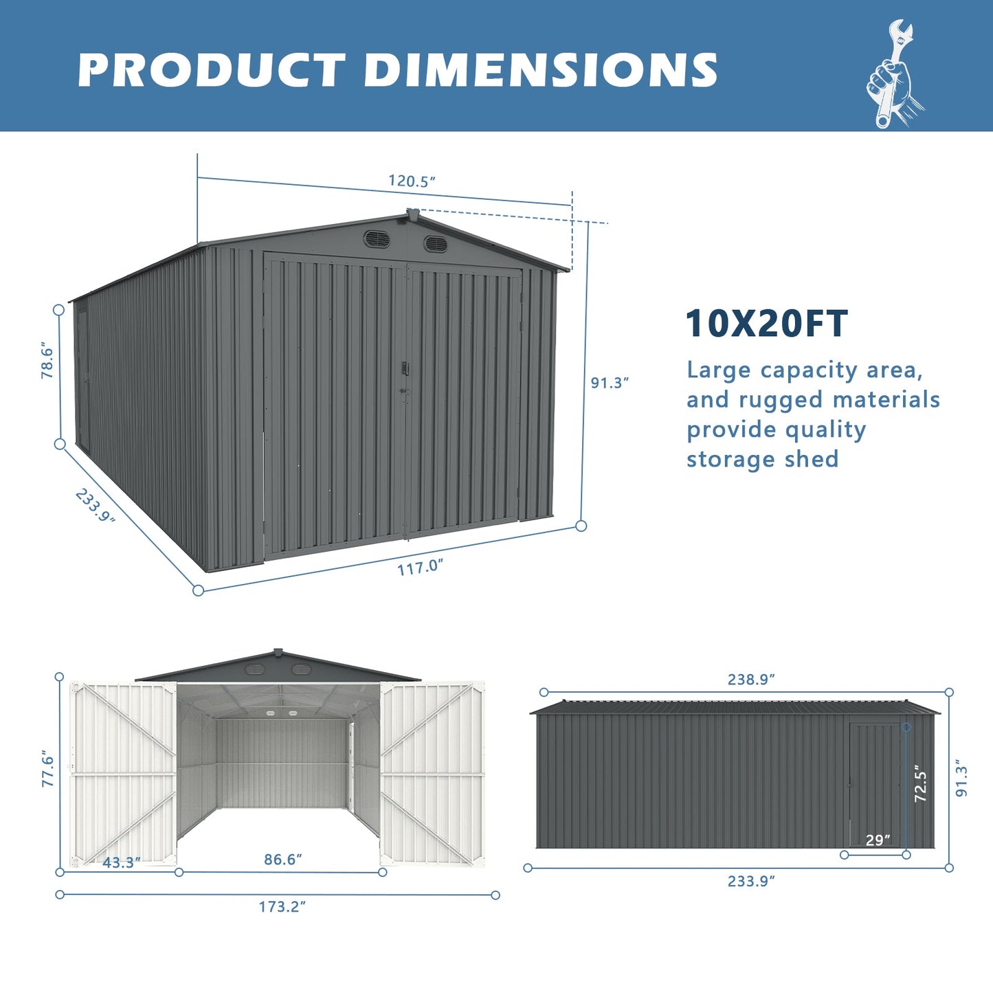 10FT  x 20FT Metal Shed with Double Front Doors & Side Entry Door