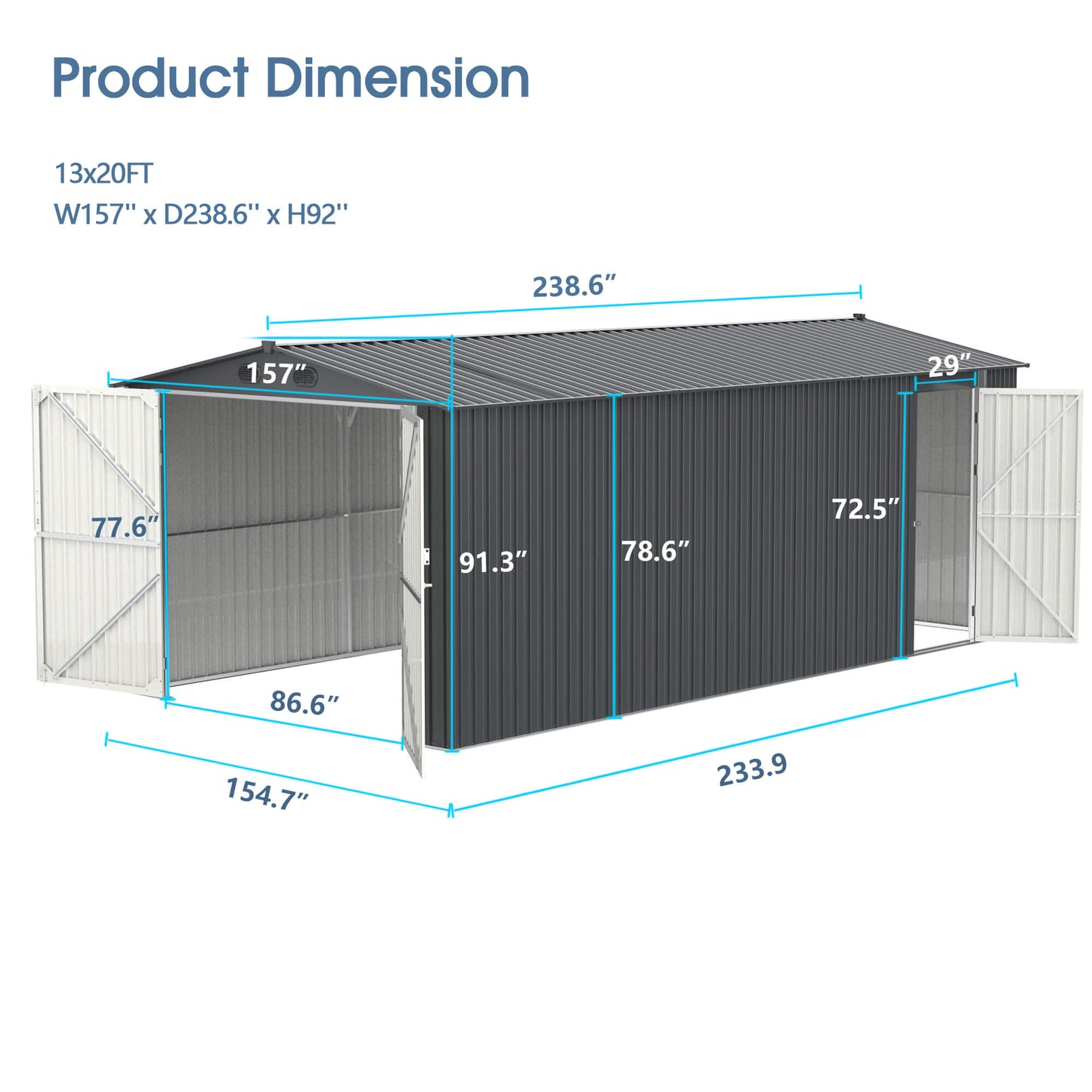 13FT x 20FT Metal Shed with Double Front Doors & Side Entry Door