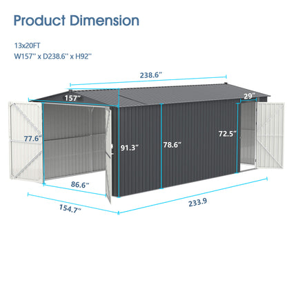 13FT x 20FT Metal Shed with Double Front Doors & Side Entry Door