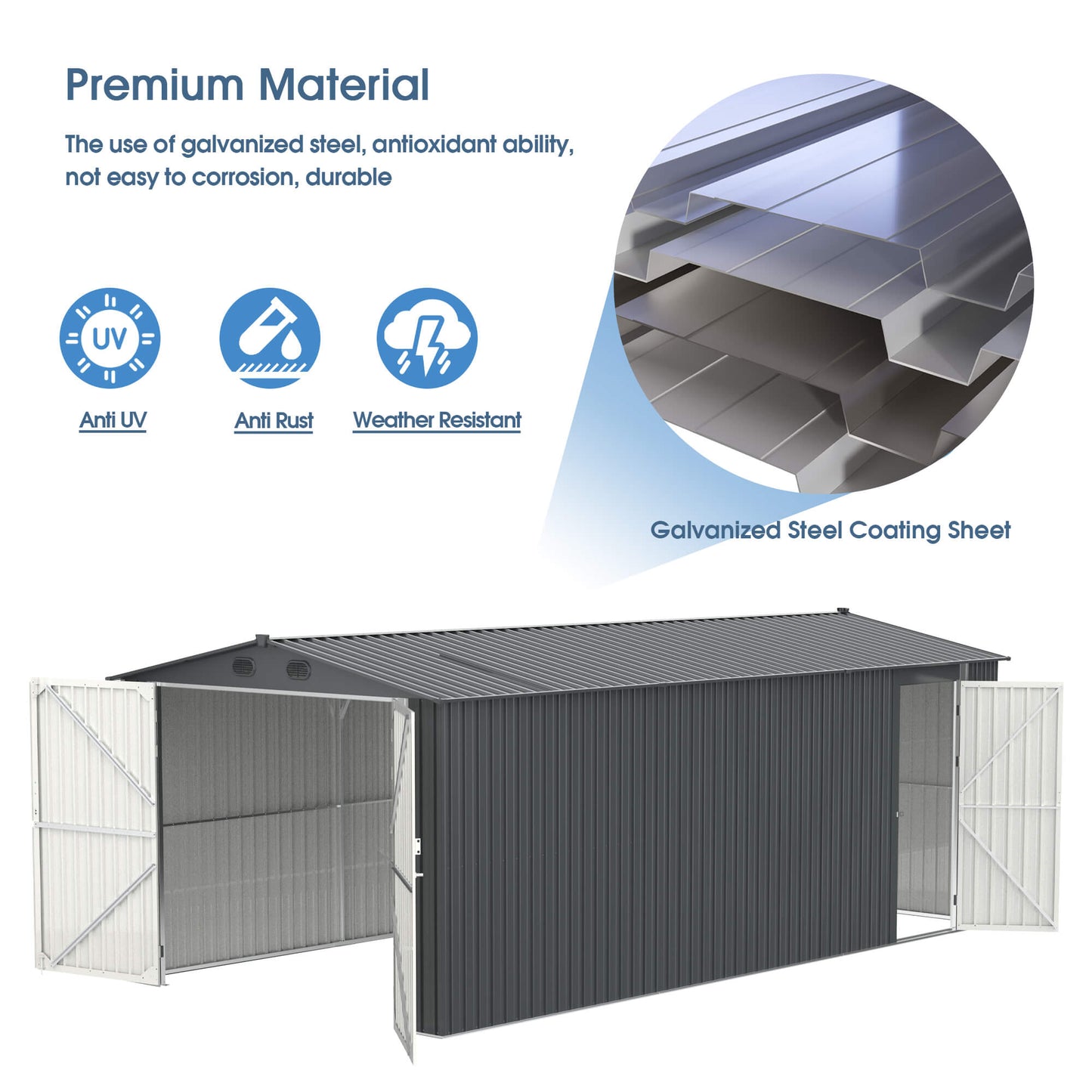 13FT x 20FT Metal Shed with Double Front Doors & Side Entry Door