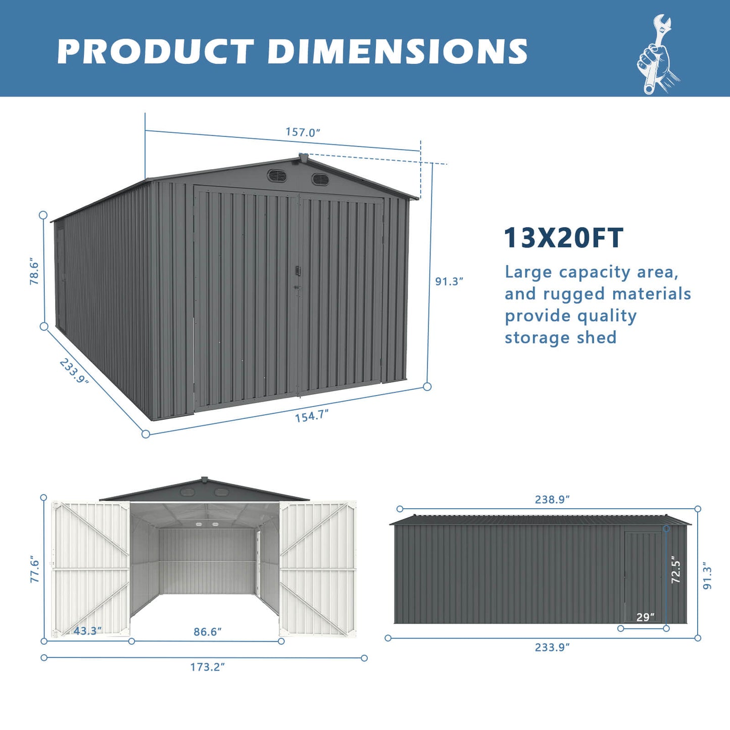 13FT x 20FT Metal Shed with Double Front Doors & Side Entry Door