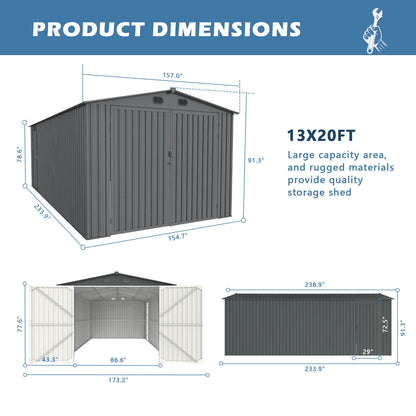 13FT x 20FT Metal Shed with Double Front Doors & Side Entry Door