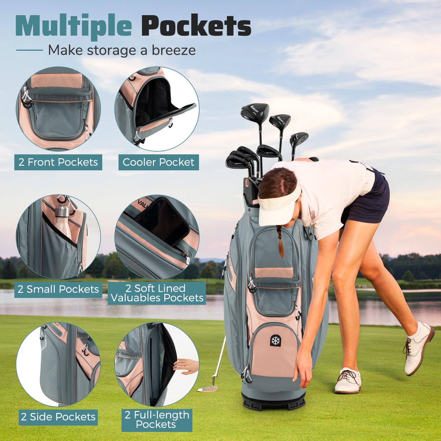 Molded Lock Top Golf Cart Bag with 14-Way Full Length Dividers and 11 Pockets