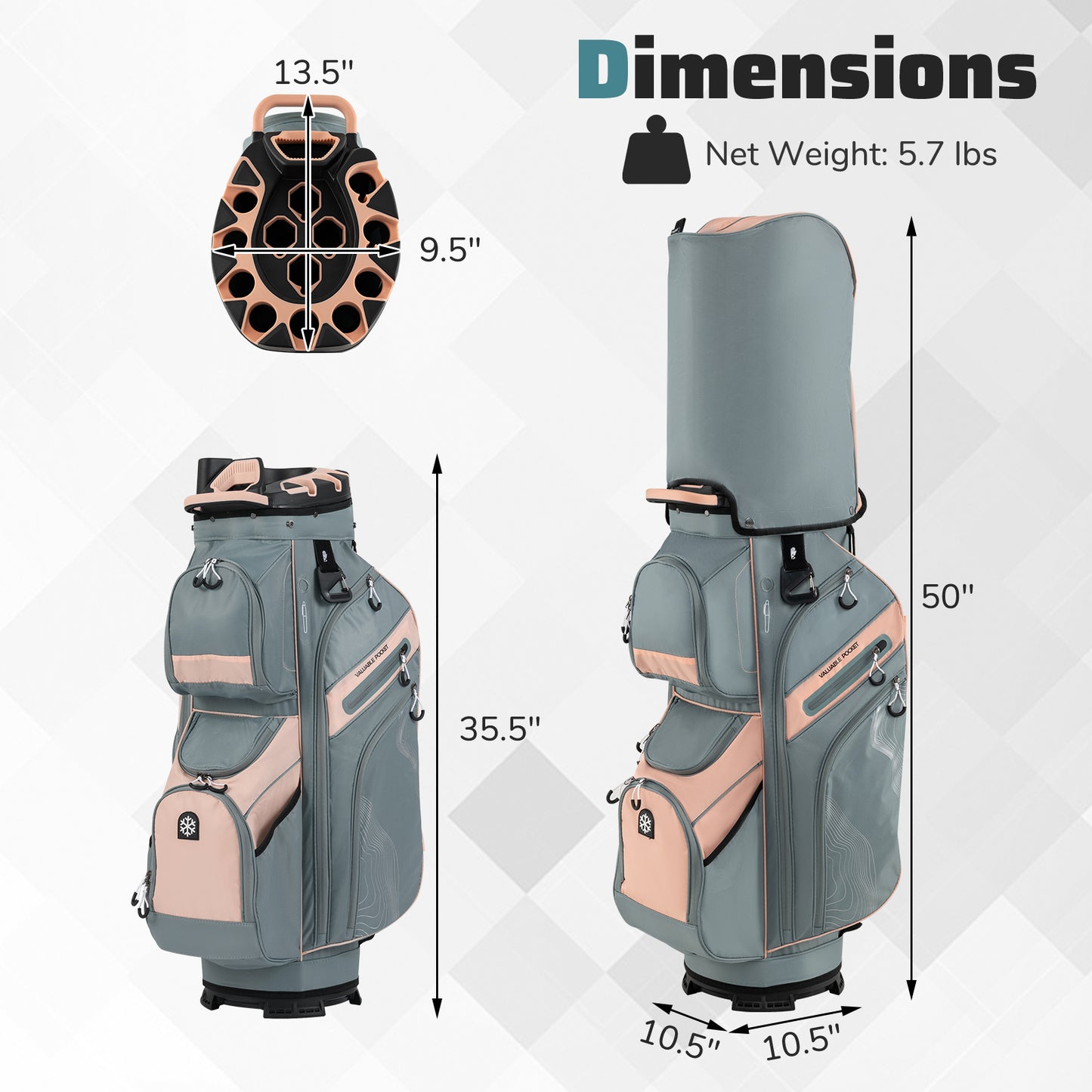 Molded Lock Top Golf Cart Bag with 14-Way Full Length Dividers and 11 Pockets