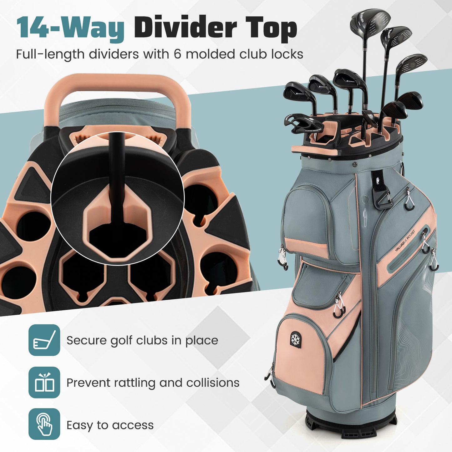 Molded Lock Top Golf Cart Bag with 14-Way Full Length Dividers and 11 Pockets