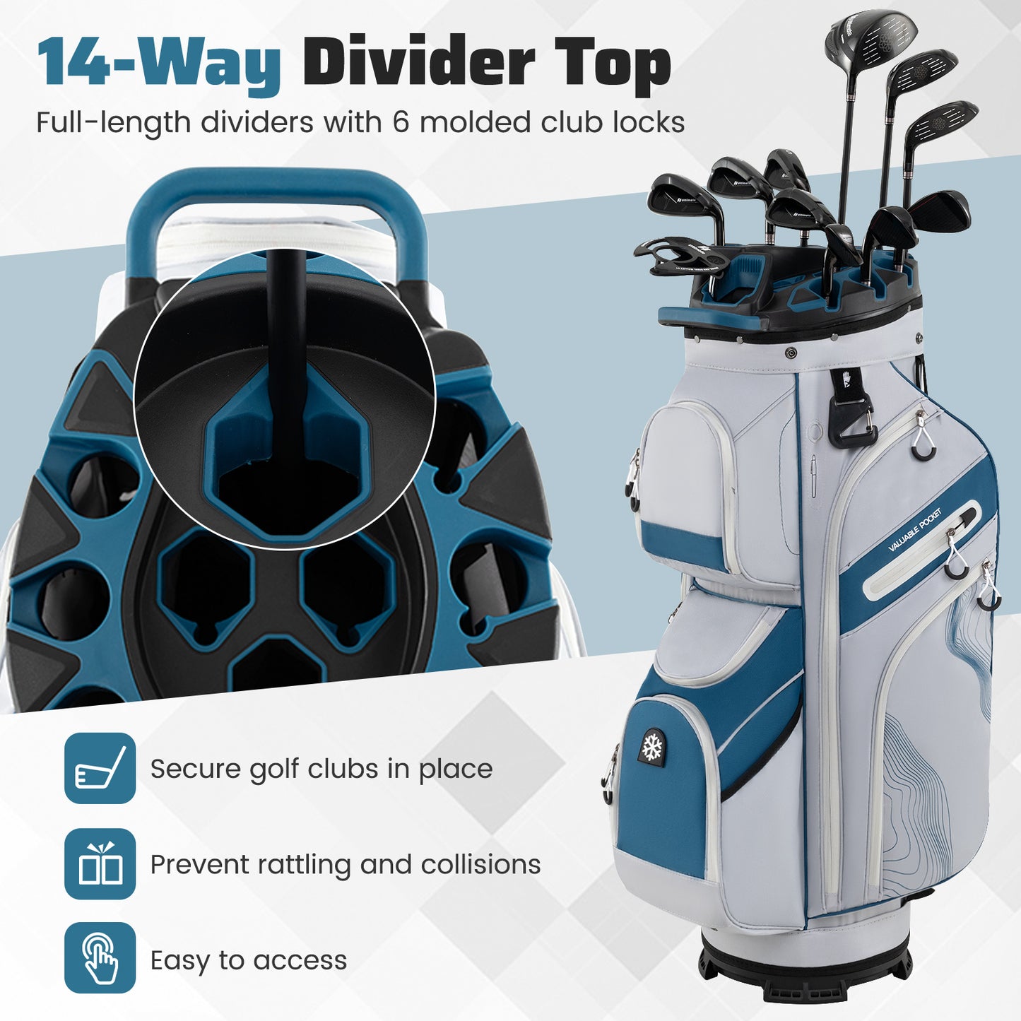 Molded Lock Top Golf Cart Bag with 14-Way Full Length Dividers and 11 Pockets