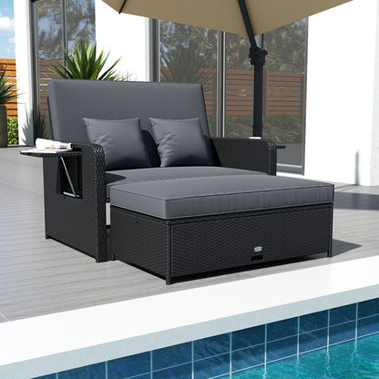 PE Wicker Outdoor Daybed with 4-Level Adjustable Backrest and Storage Ottoman