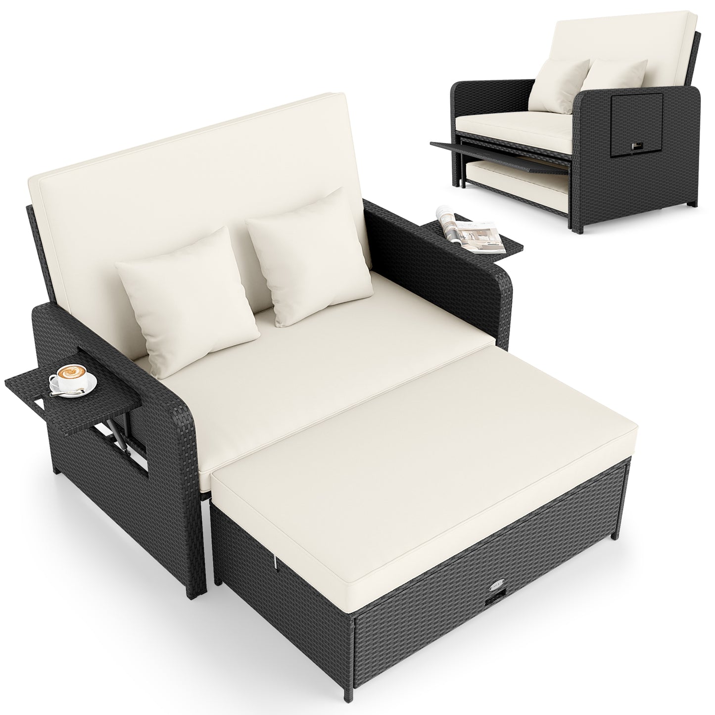PE Wicker Outdoor Daybed with 4-Level Adjustable Backrest and Storage Ottoman