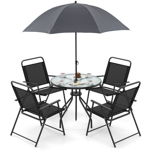 6 Pieces Patio Dining Set Folding Chairs Glass Table Tilt Umbrella for Garden - Gray