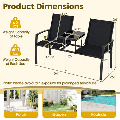 Patio Loveseat with Built-in Table with Breathable Fabric Back-Black