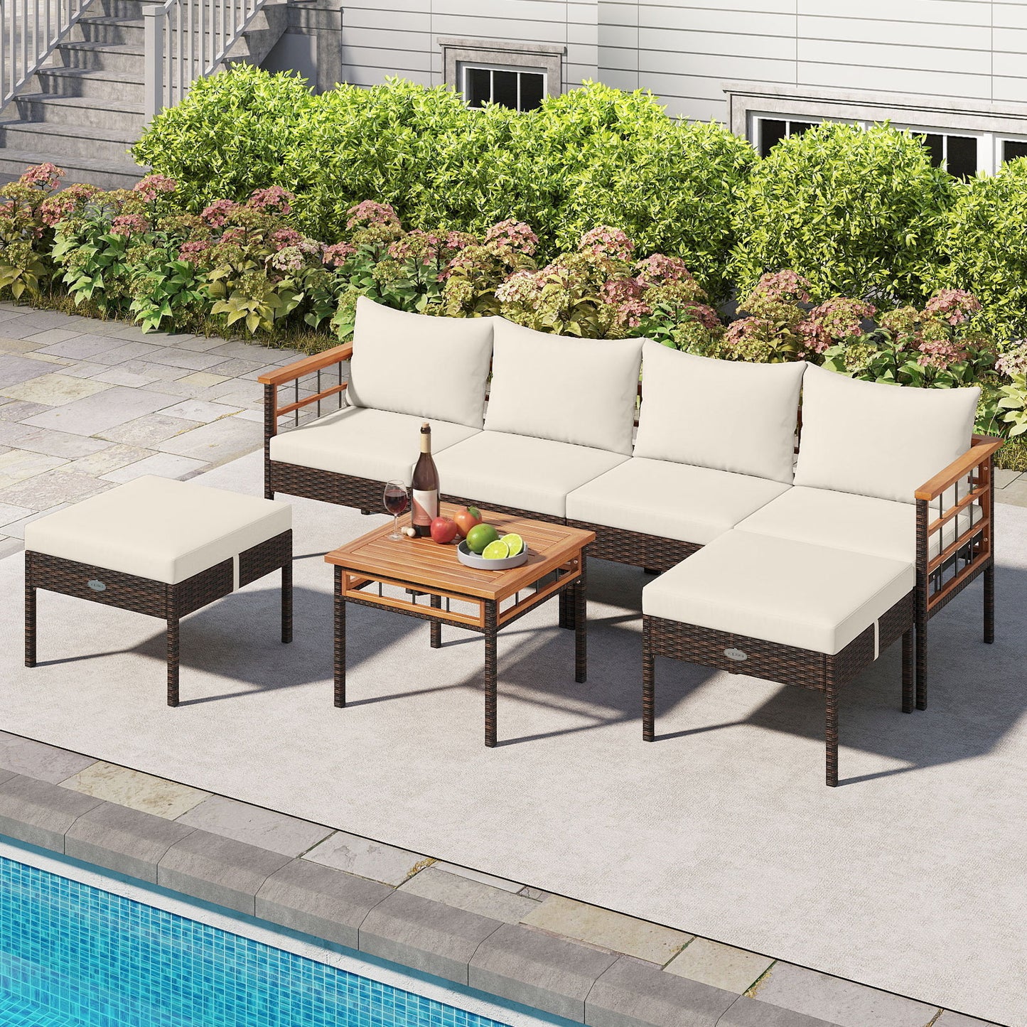 Patio Rattan Chairs with Ottomans and Side Table for Backyard-White