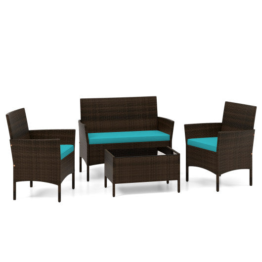 4 Piece Patio Rattan Conversation Set with Cozy Seat Cushions - Turquoise