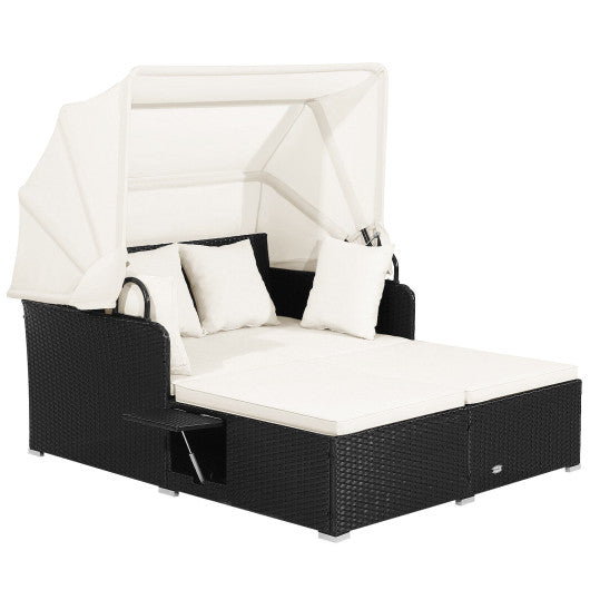 Patio Rattan Daybed with Retractable Canopy and Side Tables - Off White