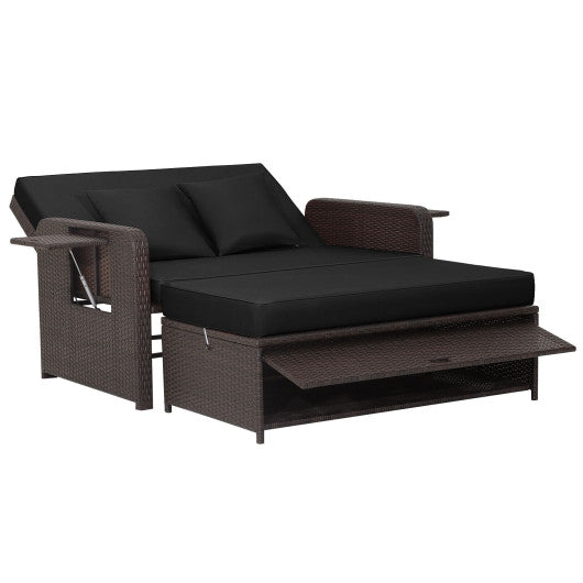 Patio Rattan Daybed with 4-Level Adjustable Backrest and Retractable Side Tray - Black