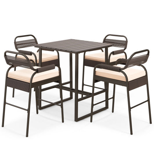 5 Piece Rattan Counter Set with 4 Stools and Polywood Bar Table - Brown