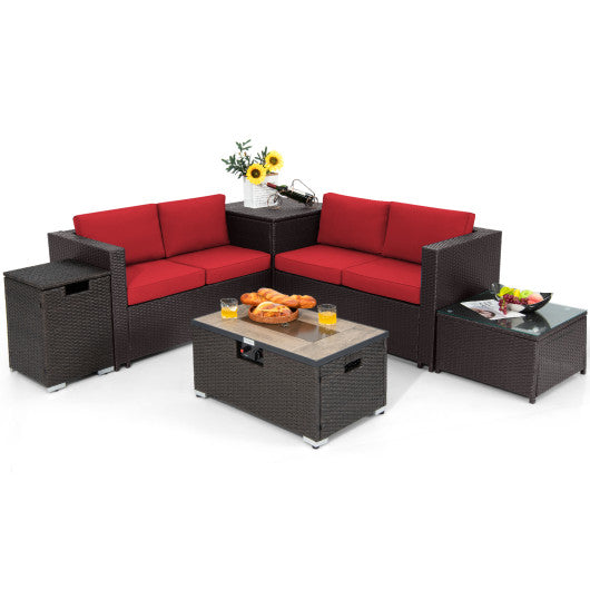 6 Pieces Outdoor Wicker Furniture Set with 32 Inch Propane Fire Pit Table - Red