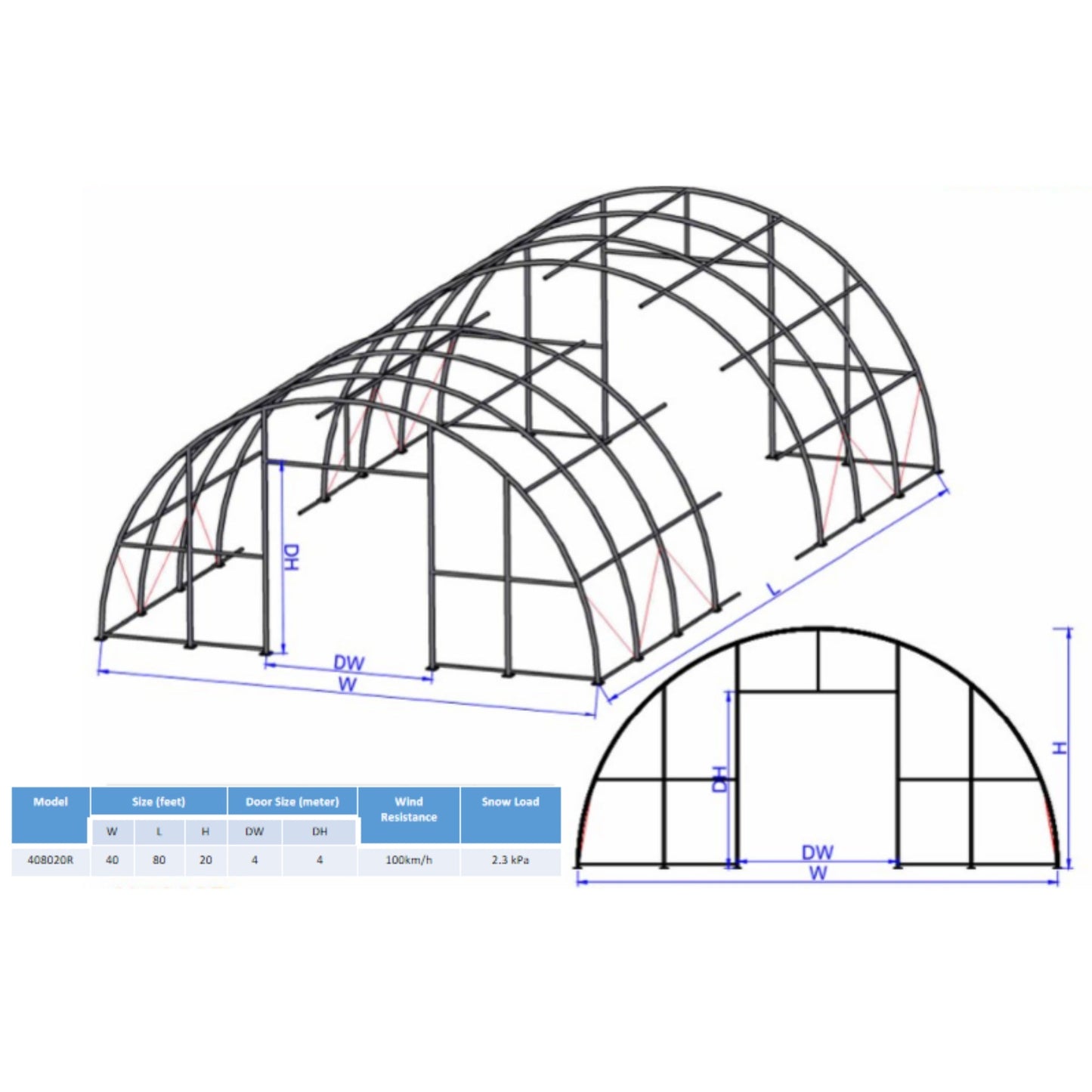 W 40FT x L 80FT x H 20FT Single Truss Arch Storage Shelter